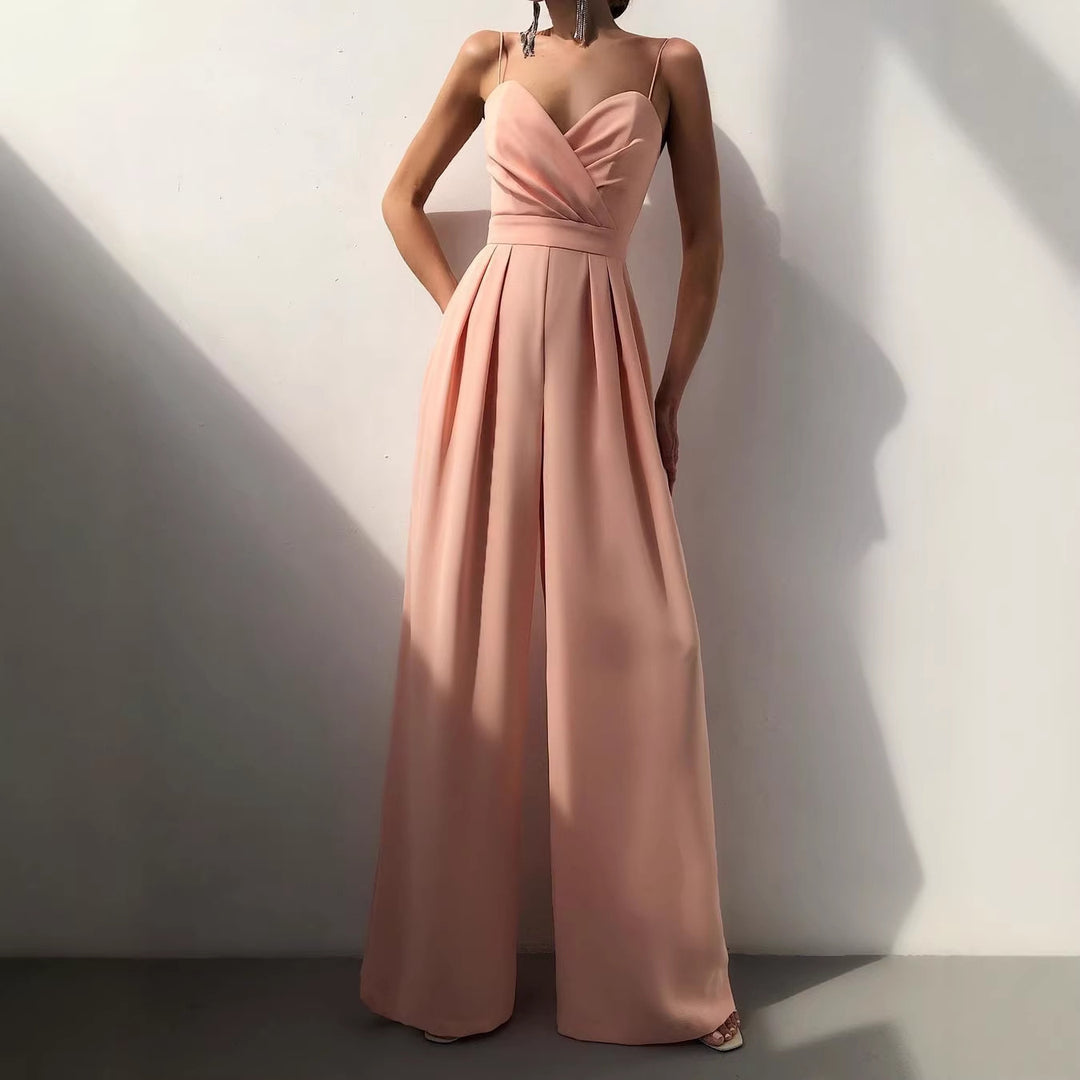 Damen eleganter Jumpsuit mit tiefem V-Ausschnitt und weiten Beinen Drune
