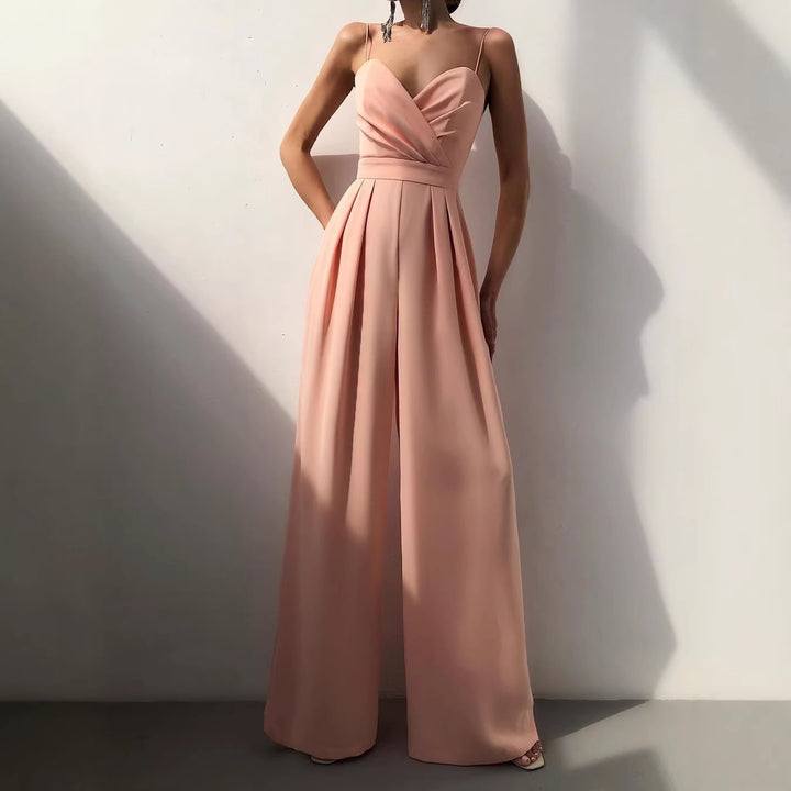 Damen eleganter Jumpsuit mit tiefem V-Ausschnitt und weiten Beinen Drune