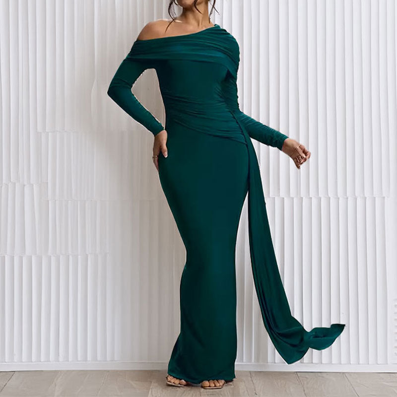 Damen Elegantes One-Shoulder Abendkleid mit figurformendem Schnitt und langen Ärmeln Drune