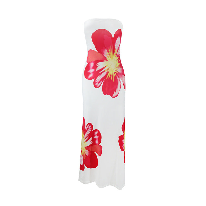Damen schulterfreies Maxi-Kleid mit floralen Motiven und fließendem Schnitt Drune
