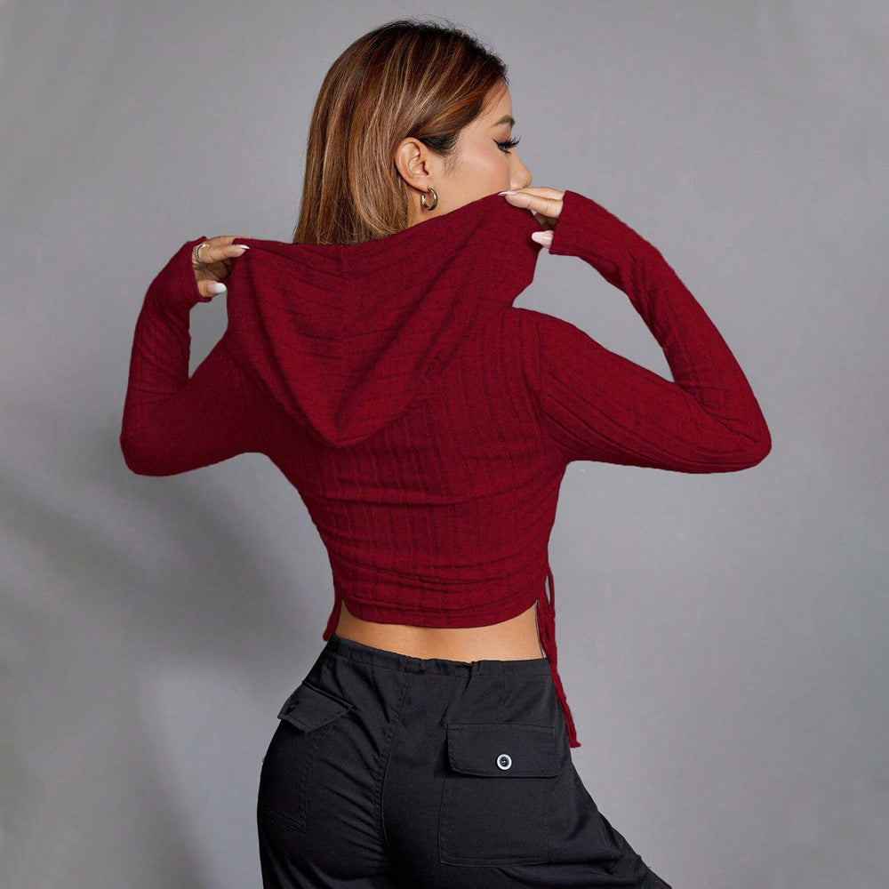 Damen Cropped Hoodie mit langen Ärmeln und elegantem Rippmuster Drune
