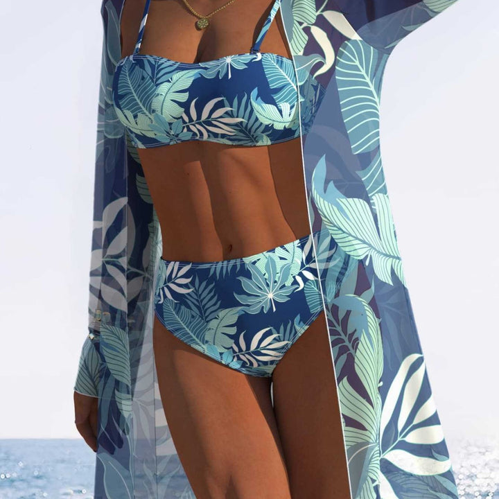 Damen Bikini-Set mit fließendem Strandüberwurf und tropischem Blattmuster Drune
