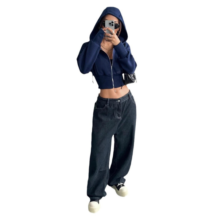 Damen cropped Kapuzenpullover mit Reißverschluss und breiten Ärmeln Drune