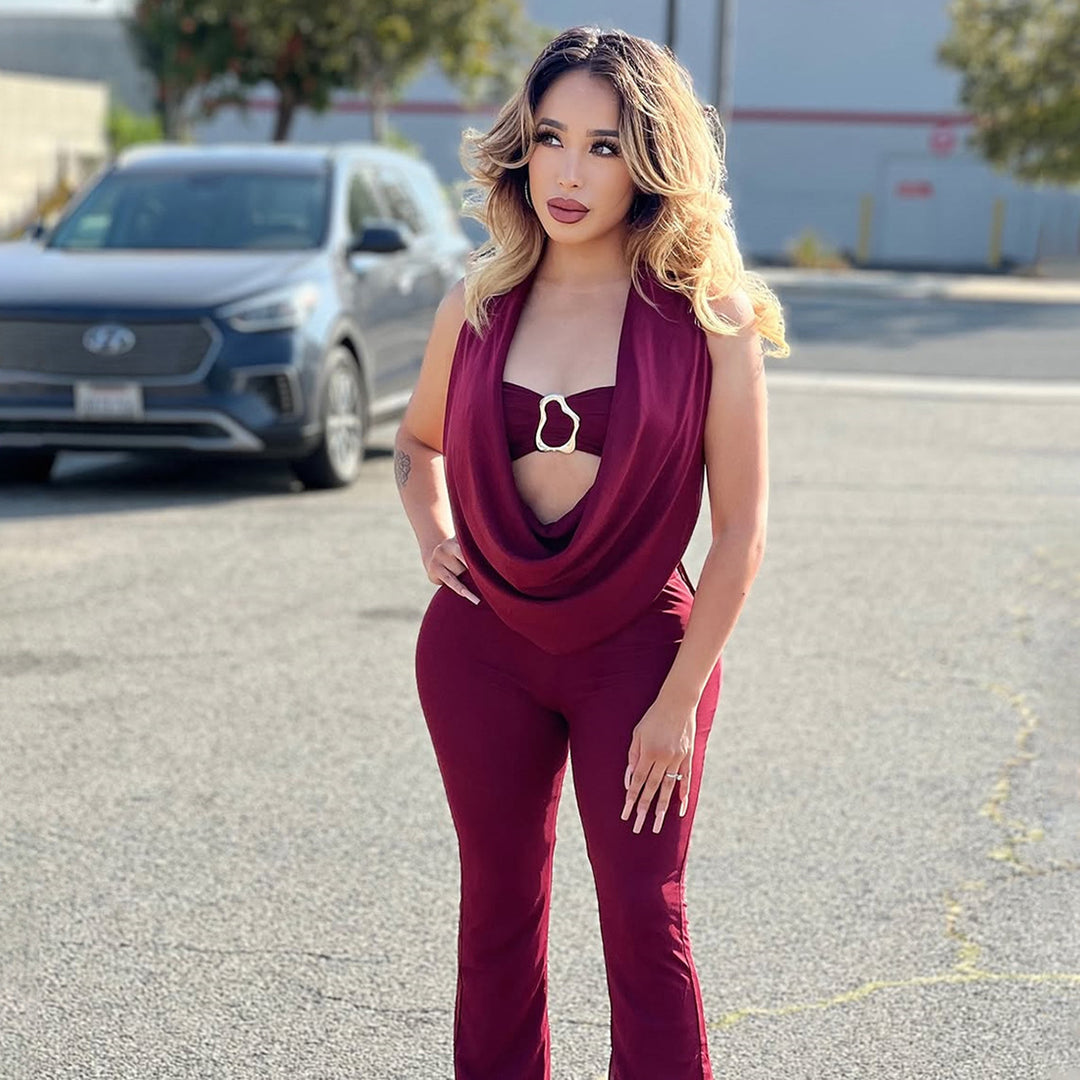 Damen Eleganter Jumpsuit mit anpassbarem Ausschnitt und schickem Gürtel Drune