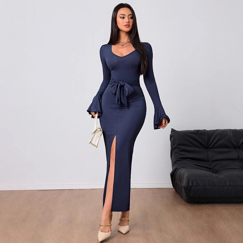 Damen Kleid mit V-Ausschnitt und ausgestellten Ärmeln Drune