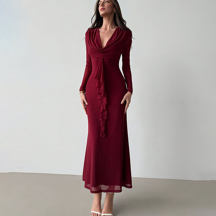 Damen Elegantes Maxikleid mit tiefem V-Ausschnitt und Rüschendetail Drune