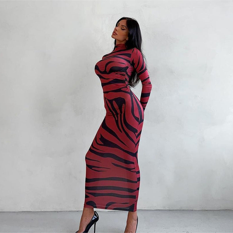 Damen Elegantes transparentes Maxikleid mit Leopardenmotiv und langem Arm Drune