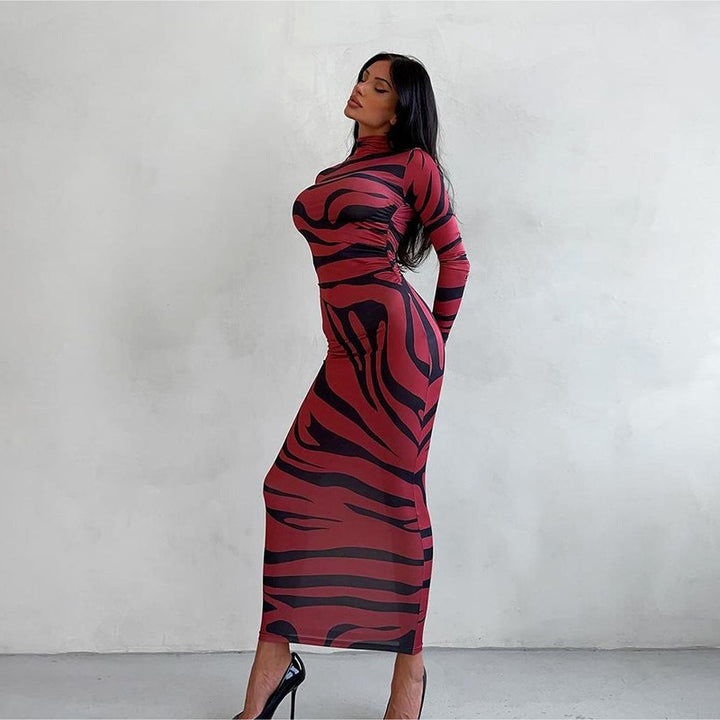 Damen Langarm-Maxikleid mit raffiniertem Leopardenmuster Drune