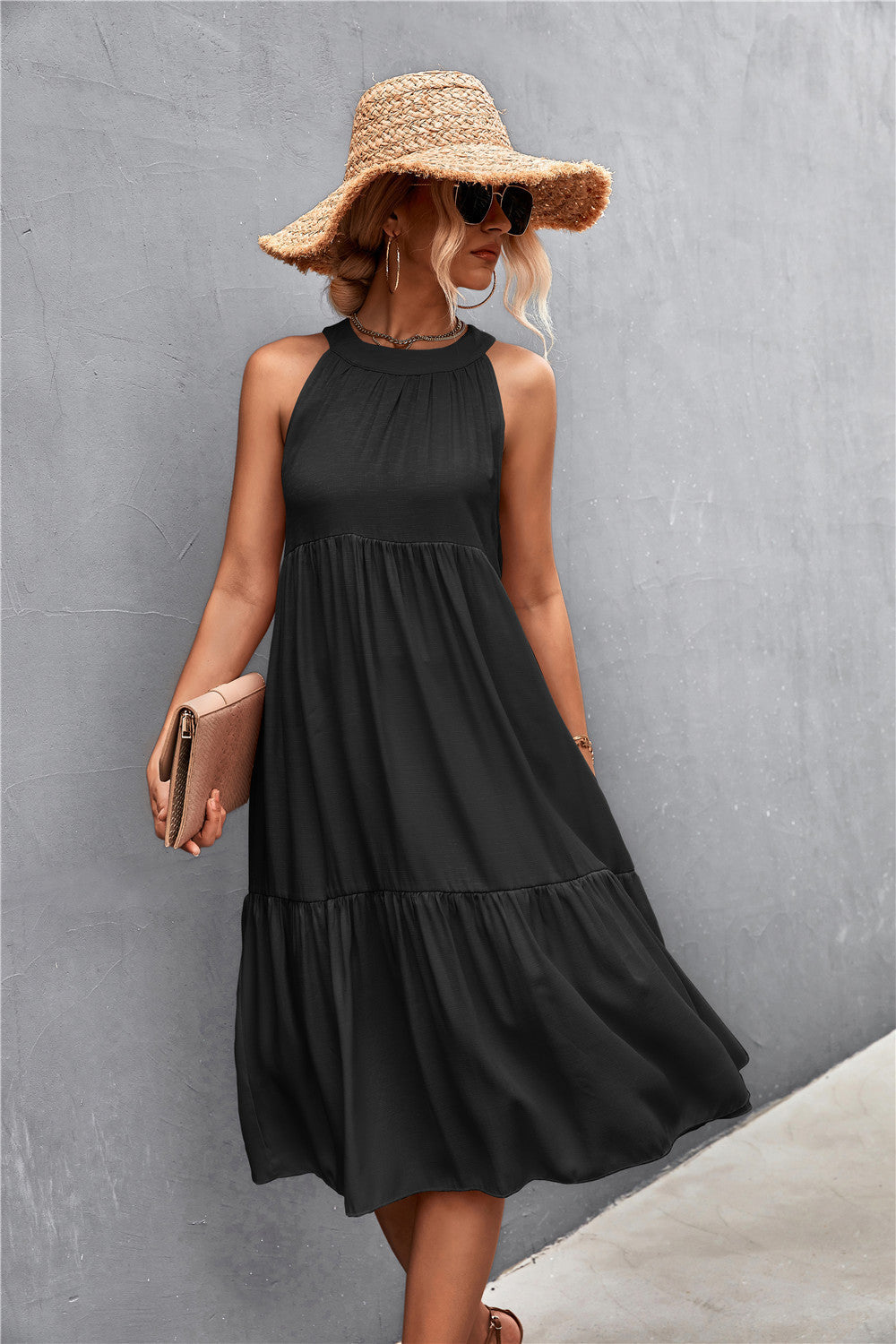 Damen luftiges Sommerkleid mit schwingendem Rock und hohem Hals Drune