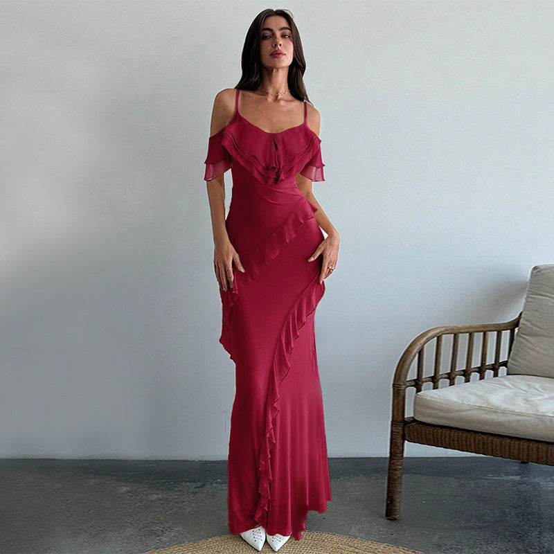 Damen elegantes Maxikleid mit asymmetrischem Rüschendesign Drune