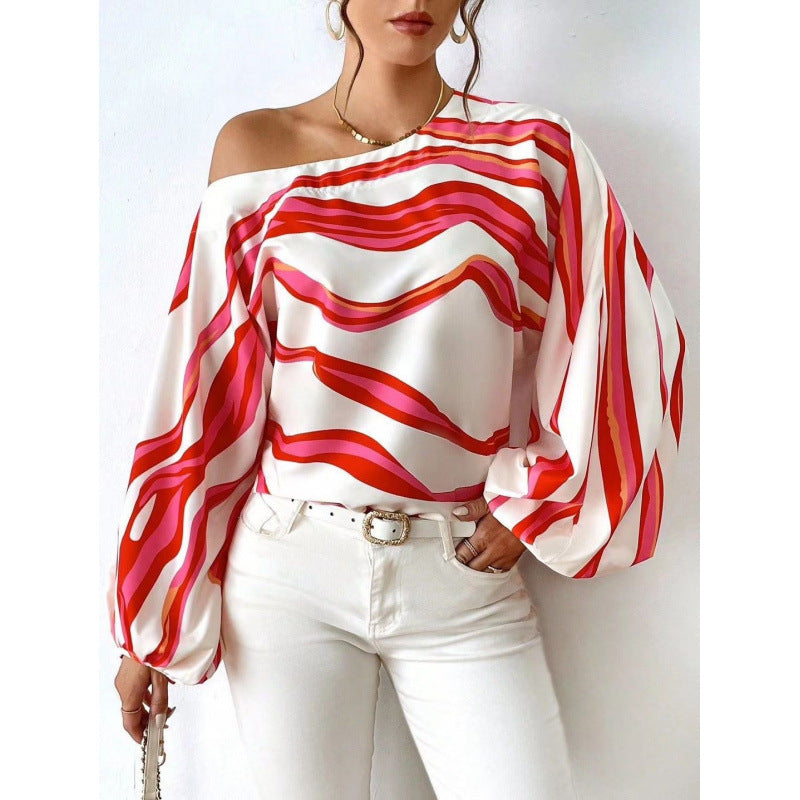 Damen Off-Shoulder Bluse mit kunstvollem Muster und voluminösen Ärmeln Drune