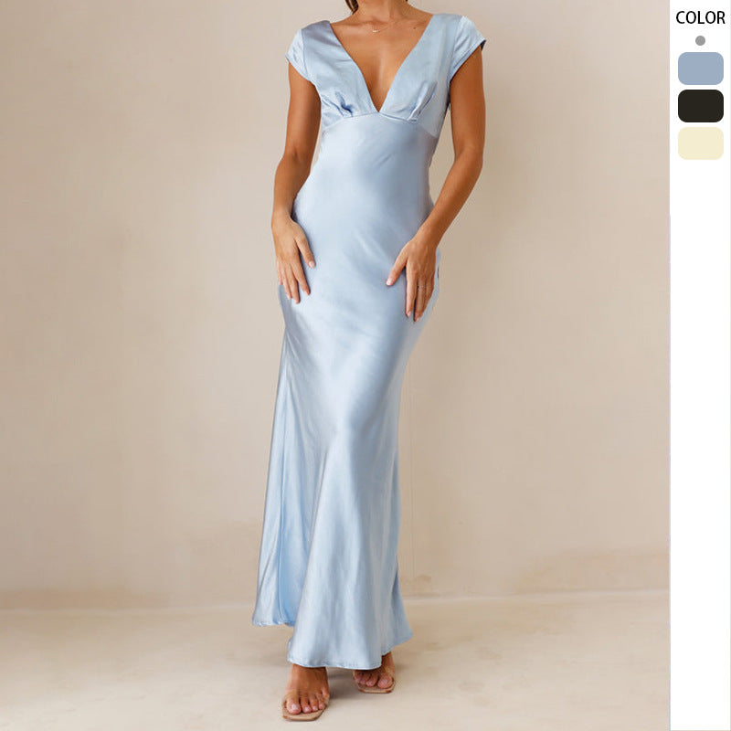 Damen Elegantes Maxikleid mit tiefem V-Ausschnitt und fließendem Satinfall Drune