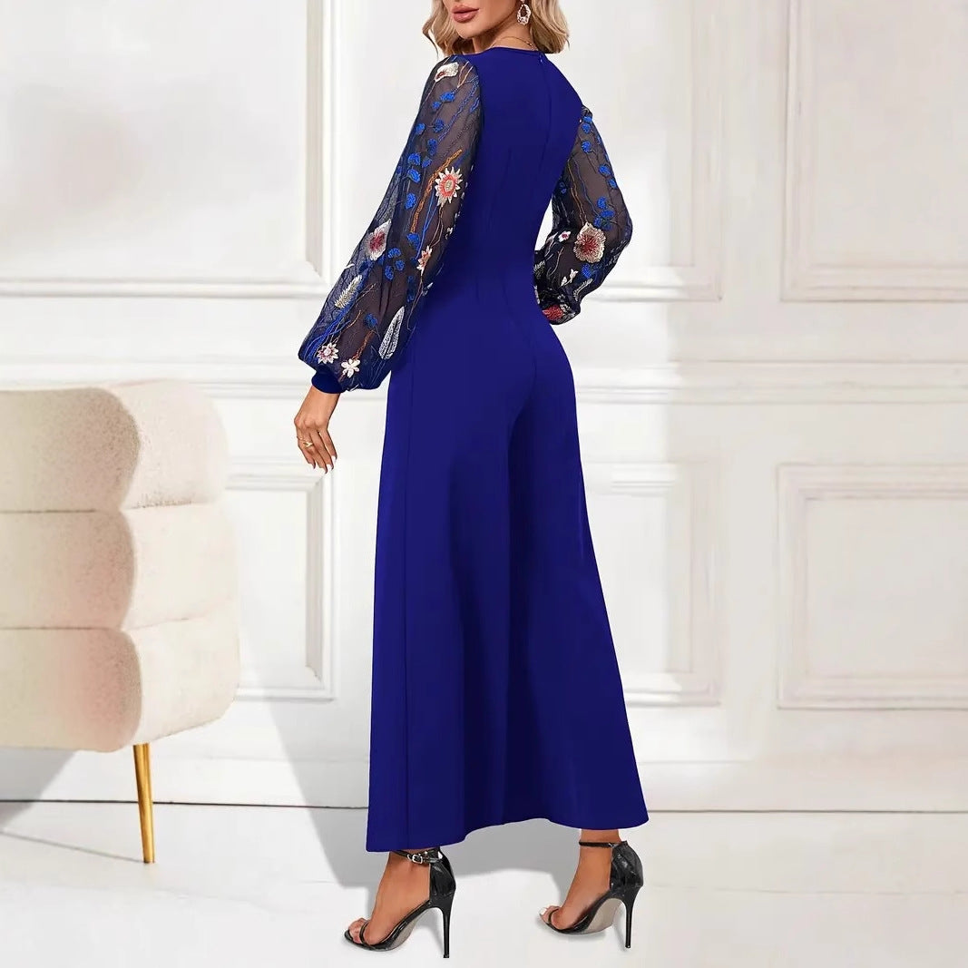 Damen elegante Jumpsuit mit floralen Spitzenärmeln und weitem Bein Drune