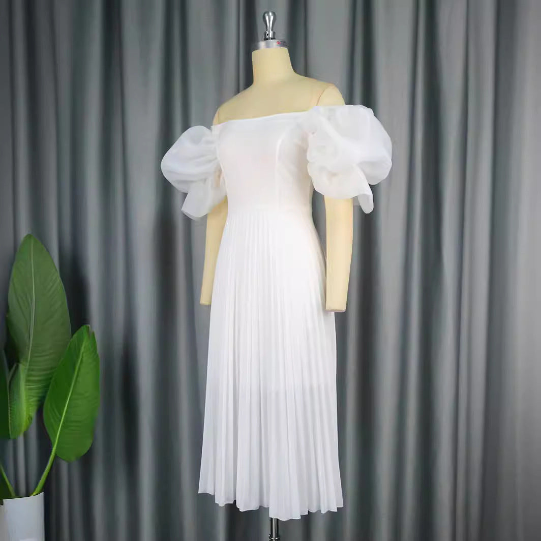 Damen elegantes Midikleid mit Puffärmeln und plissiertem Rock Drune
