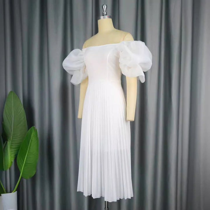 Damen elegantes Midikleid mit Puffärmeln und plissiertem Rock Drune