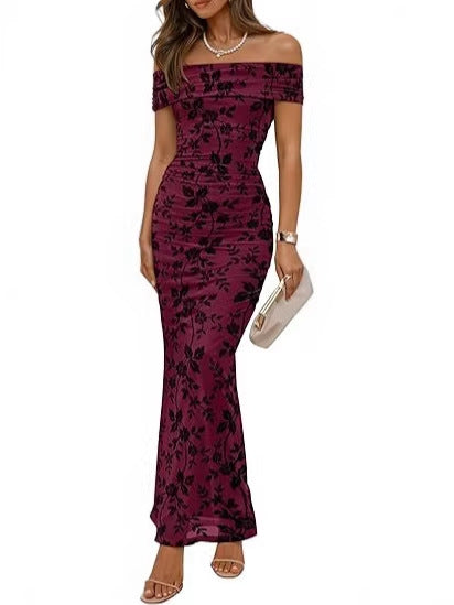 Damen elegantes Off-Shoulder Maxikleid mit floralem Muster und elastischem Einsatz Drune