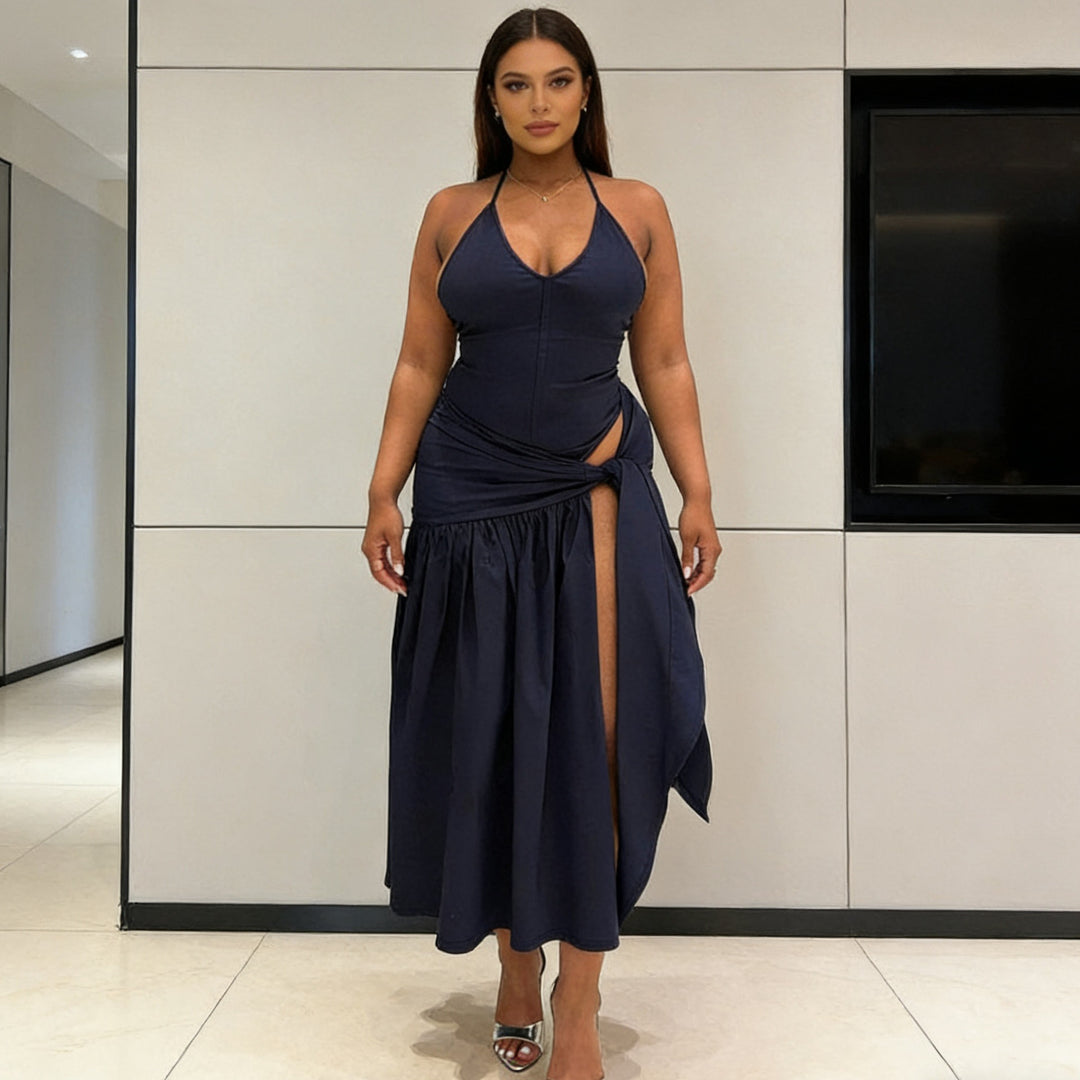 Damen Elegantes Bodenkleid mit Wickeldesign und Raffungen Drune