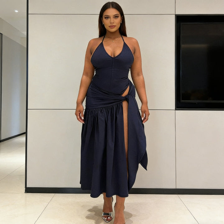 Damen Elegantes Bodenkleid mit Wickeldesign und Raffungen Drune