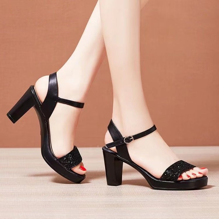 Damen nan Glitzer-Zehenschlaufen-Sandalette mit Plateaueffekt und stabilem Blockabsatz Drune