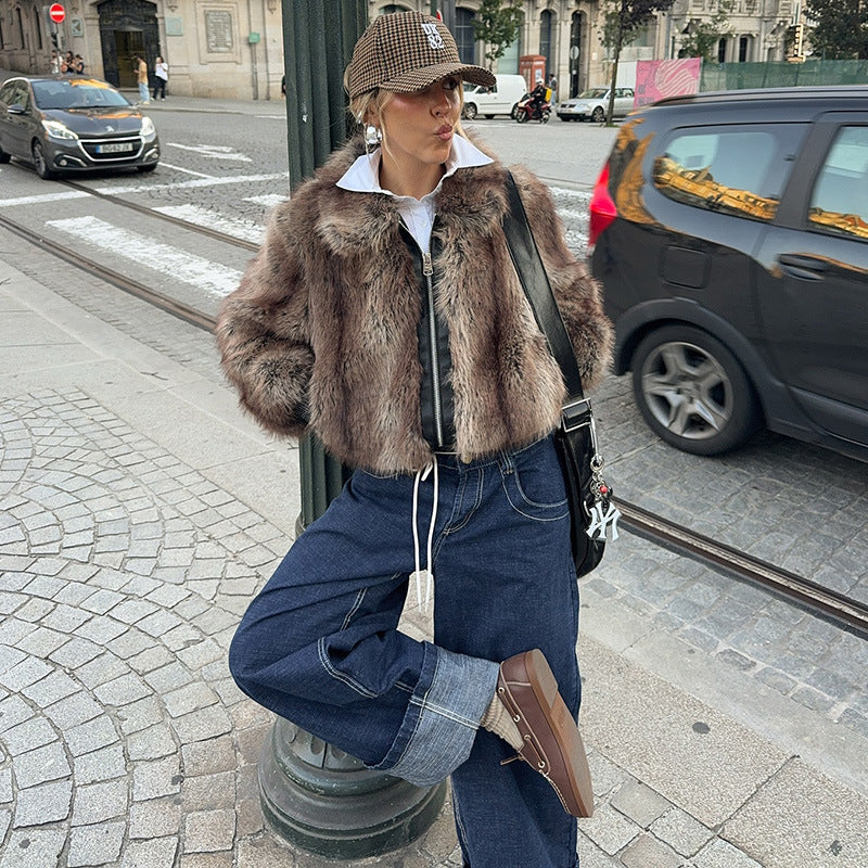 Damen Kunstpelzjacke im modernen Cropped-Stil Drune