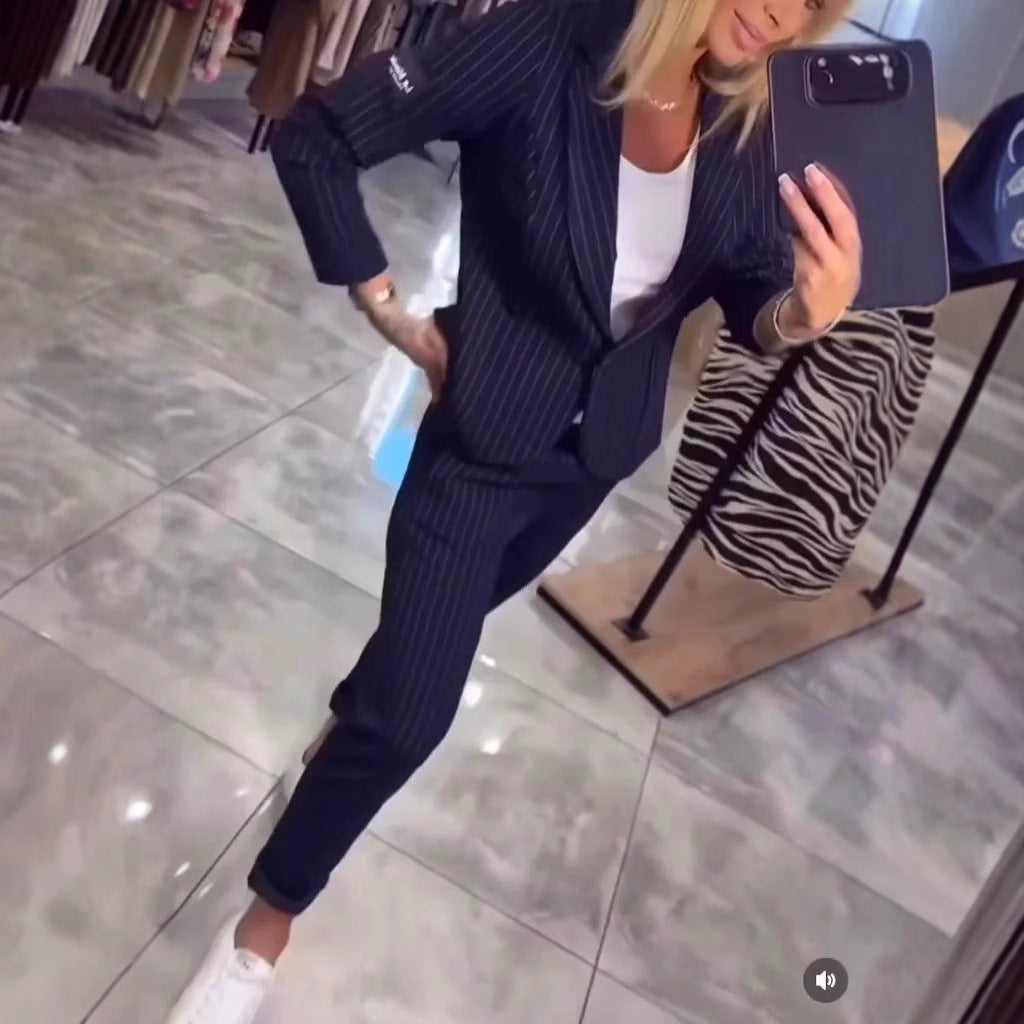 Damen Elegantes Blazer-Ensemble mit modischen Streifen und tailliertem Schnitt Drune
