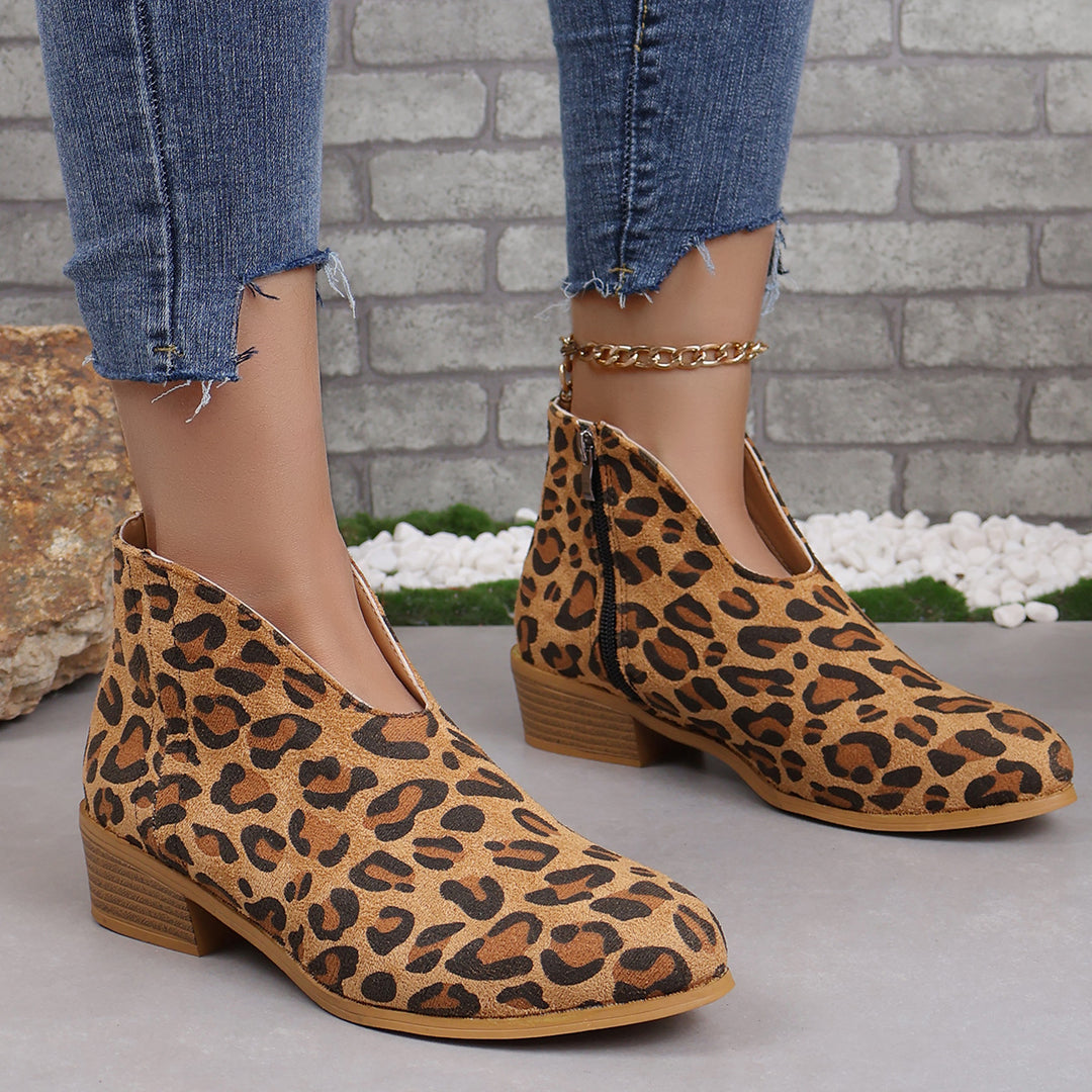 Damen nan V‑Ausschnitt Ankleboots aus Veloursoptik mit seitlichem Reißverschluss und niedriger Holzblocksohle Drune