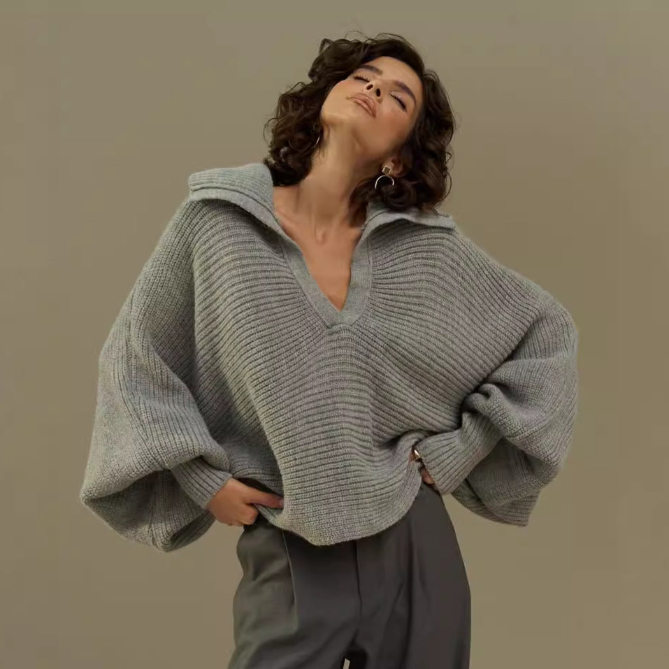 Damen lässiger Strickpullover mit oversized Kragen Drune
