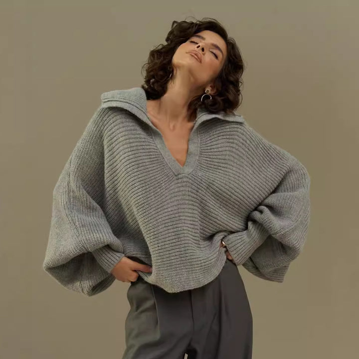 Damen lässiger Strickpullover mit oversized Kragen Drune