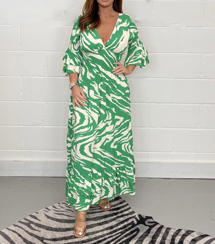Damen Maxikleid mit V-Ausschnitt und weitem Rock Drune