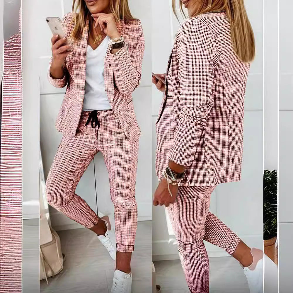 Damen nan Smart-Casual Blazer-Set mit offenem Longblazer und tapered Jogpant mit Kordelzug Drune