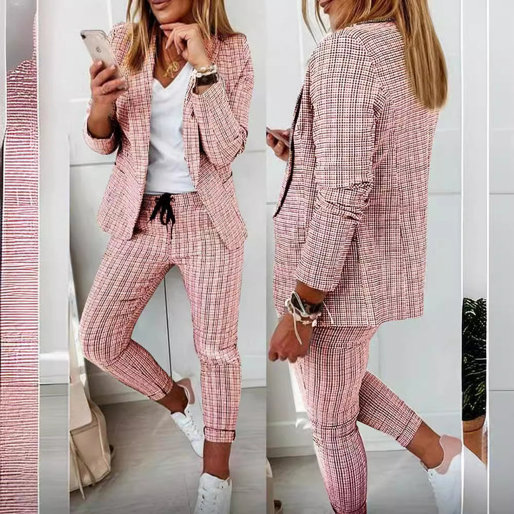 Damen nan Smart-Casual Blazer-Set mit offenem Longblazer und tapered Jogpant mit Kordelzug Drune