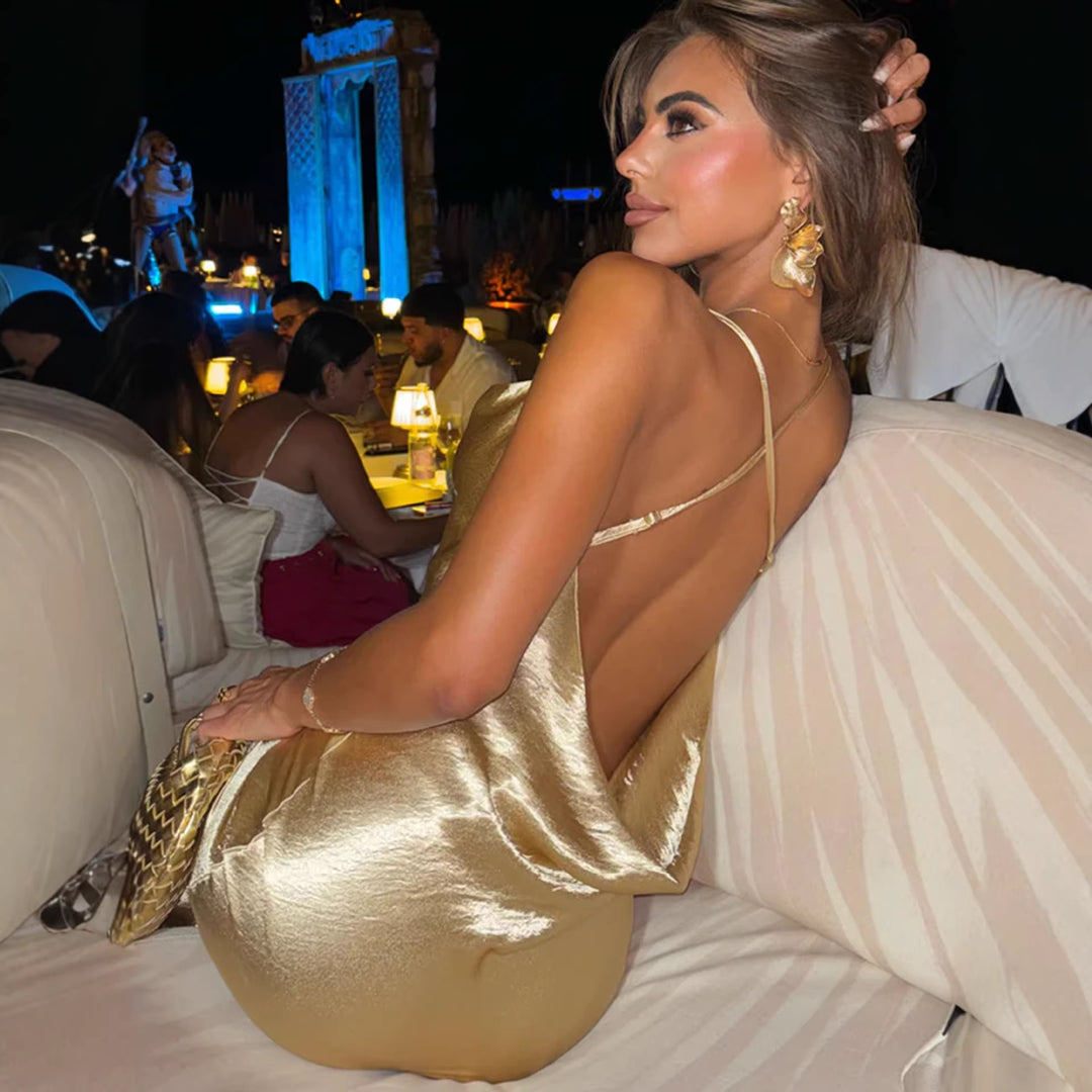 Damen Glamouröses Abendkleid mit schimmerndem Satin und spaghettiträgern Drune