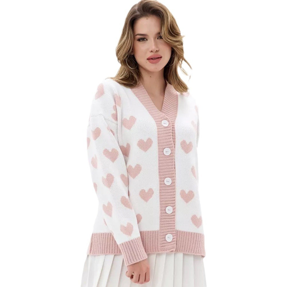 Damen Strickjacke mit Herzmuster und Knopfverschluss Drune