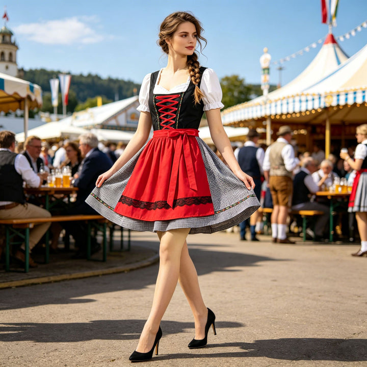 Damen nan kurztailliertes Dirndlkleid mit Schnürmieder und Schürze Drune