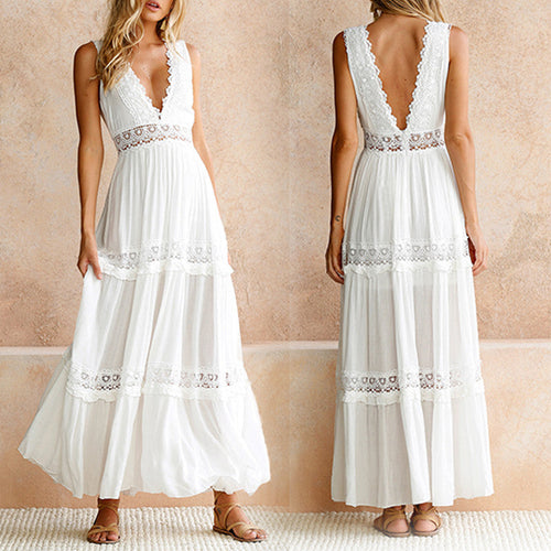Damen elegantes Maxikleid mit Spitzenakzenten und tiefer Rückenpartie Drune