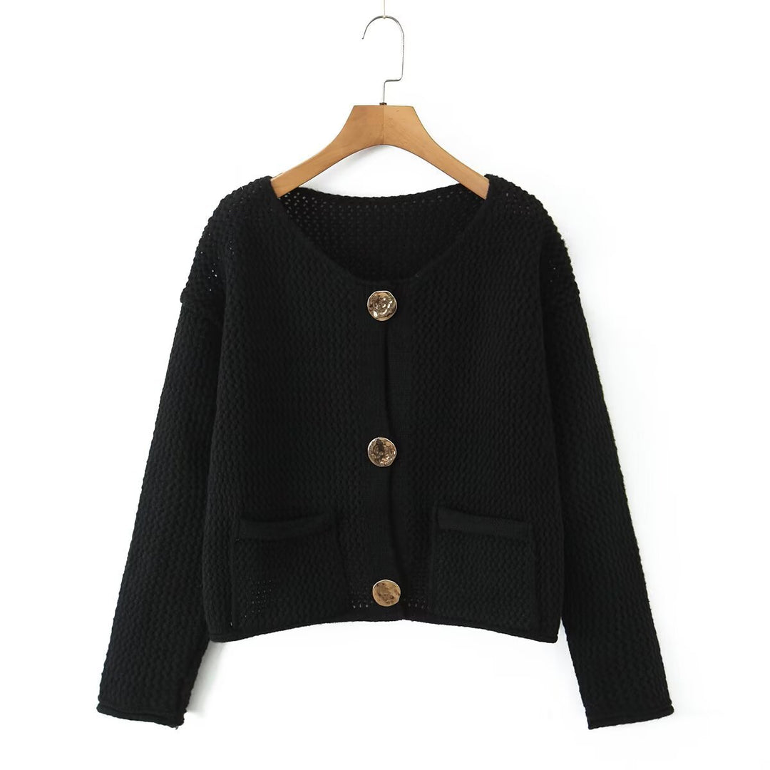 Damen luftige Strickjacke mit dekorativem Knopfverschluss und praktischen Taschen Drune