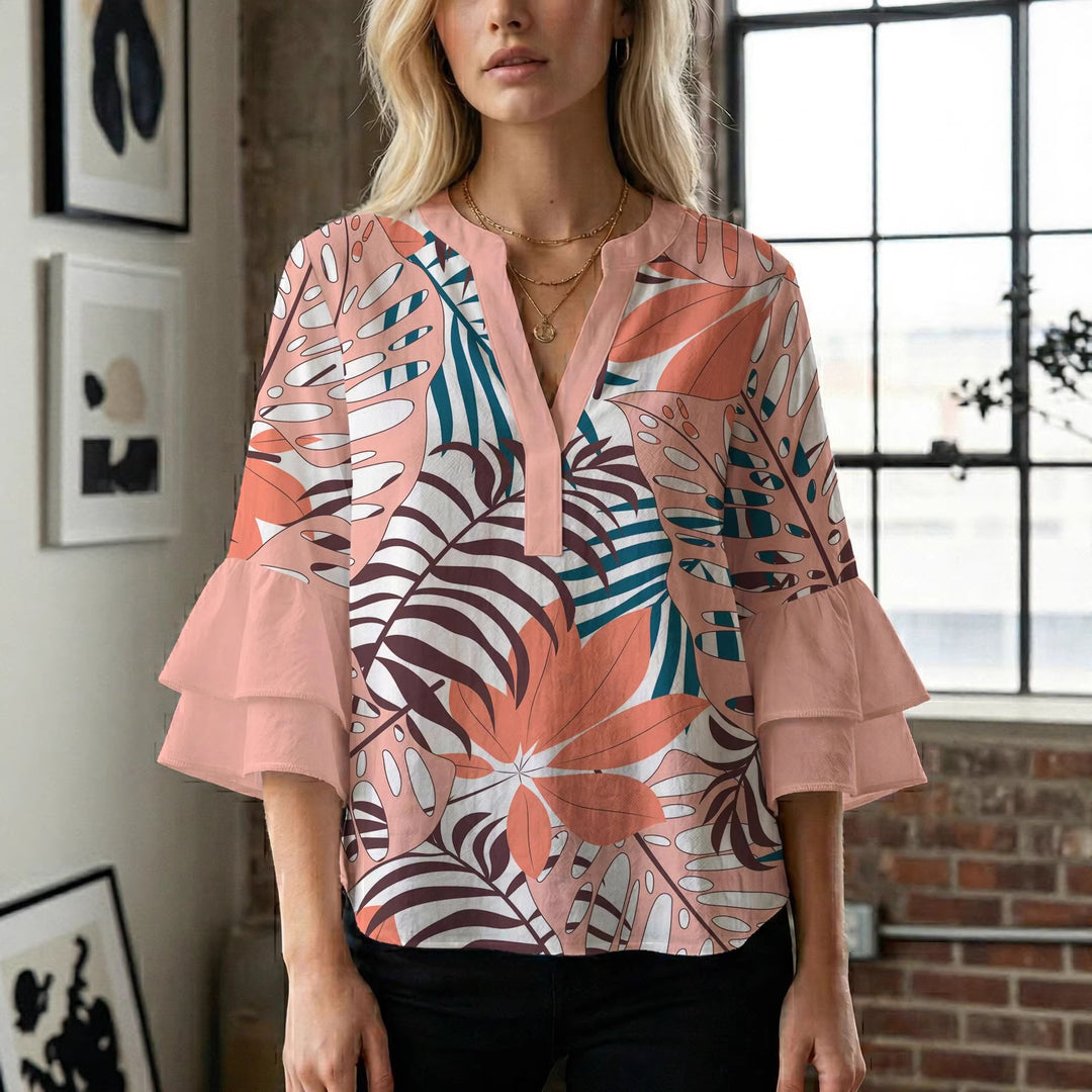 Damen Blusenshirt mit voluminösen Ärmeln und kreativem Druckdesign Drune