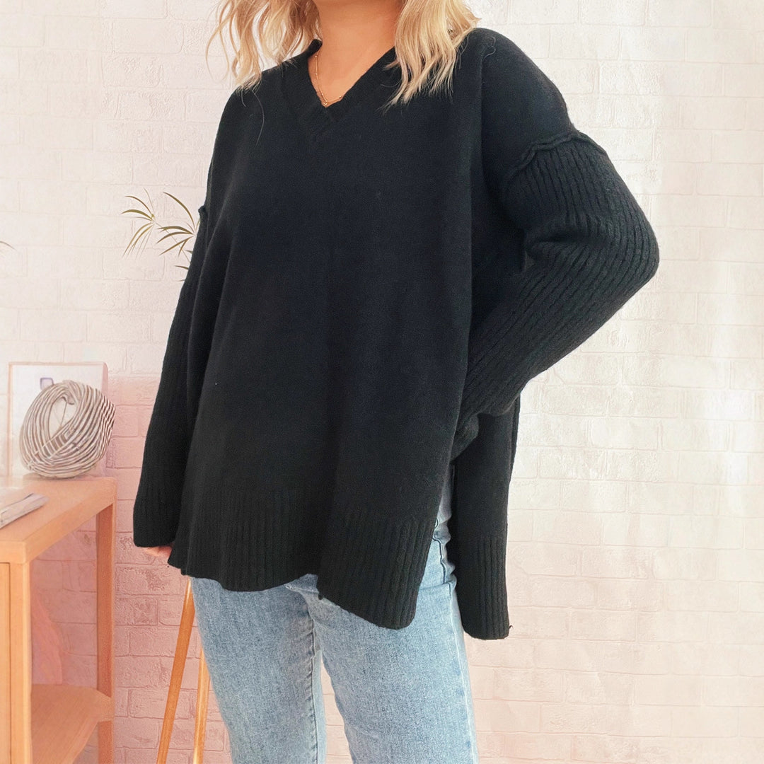 Damen lässiger V-Ausschnitt Pullover mit stylishen Rippdetails Drune