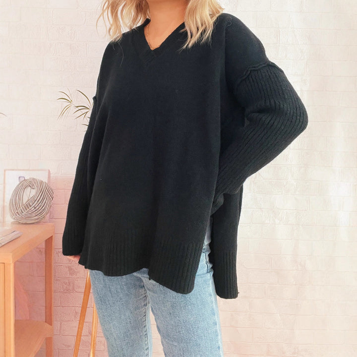 Damen lässiger V-Ausschnitt Pullover mit stylishen Rippdetails Drune