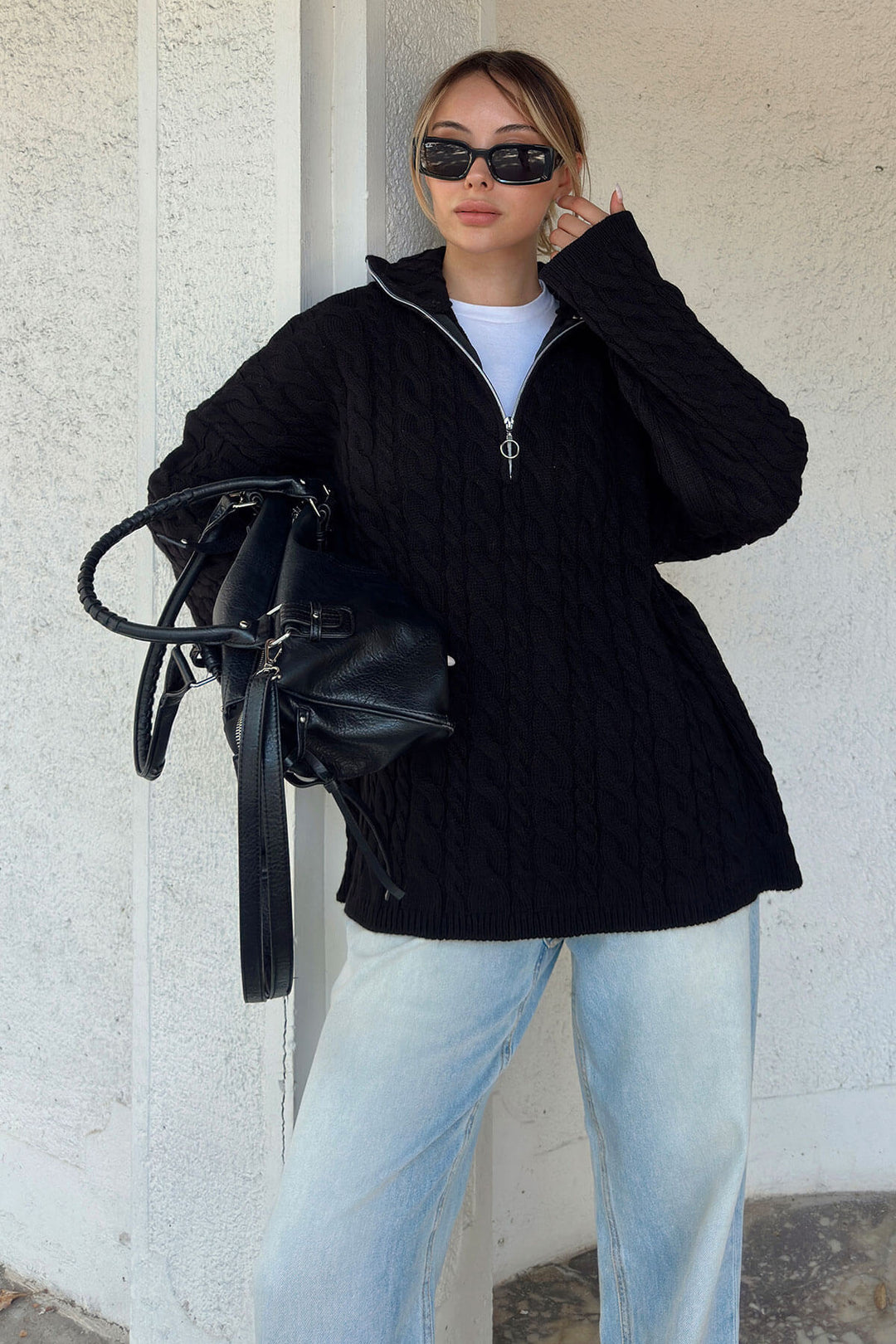 Damen lässiger Strickpullover mit Stehkragen und Reißverschluss Drune