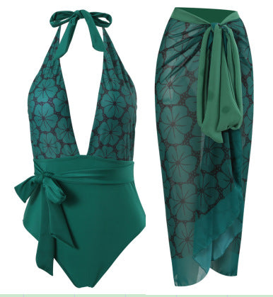 Damen eleganter Einteiler Badeanzug mit floralem Wickelrock Drune