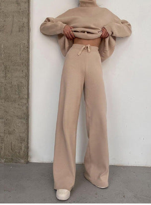 Damen elegantes Strick-Loungewear-Set mit hohem Kragen und weitem Bein Drune