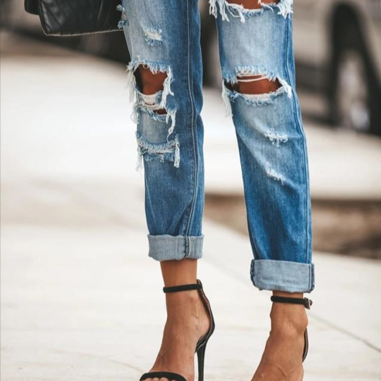 Damen Destroyed Slim-Fit Jeans mit trendigen Ausfransungen Drune