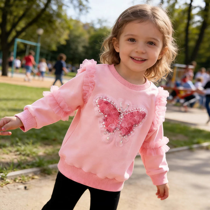 Mädchen Sweatshirt mit glänzendem Schmetterlingsmotiv und Rüschendetails Drune