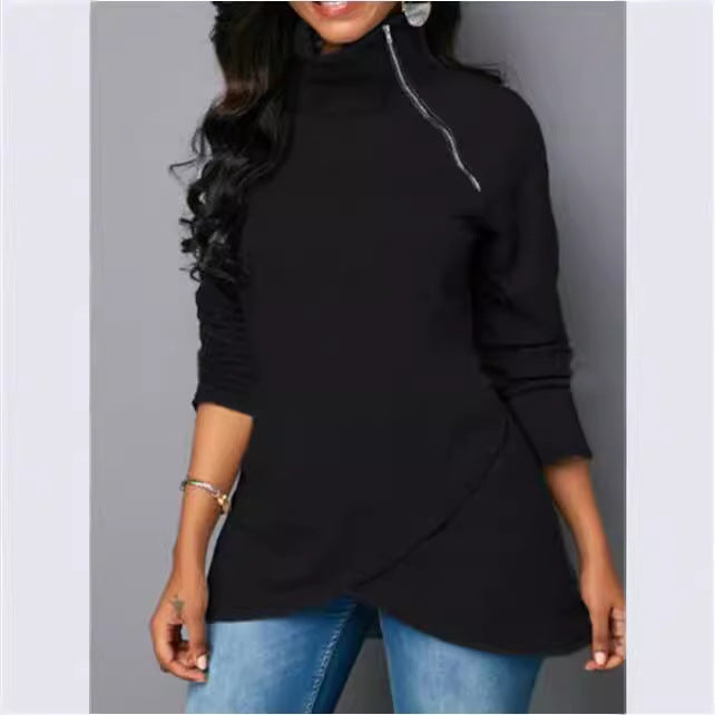 Damen Rundhals Shirt mit hoher Kragen und Reißverschluss Drune