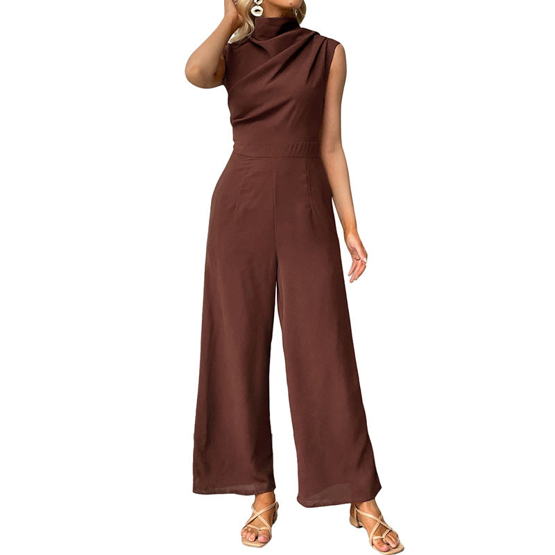 Damen eleganter Jumpsuit mit hohem Kragen und weit geschnittenem Bein Drune
