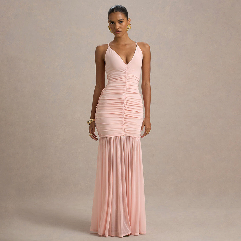 Damen Elegantes bodenlanges Kleid mit raffinierten Rüschendetails Drune