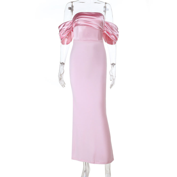 Damen schulterfreies Maxikleid mit elegantem Wickeldetail und voluminösen Puffärmeln Drune