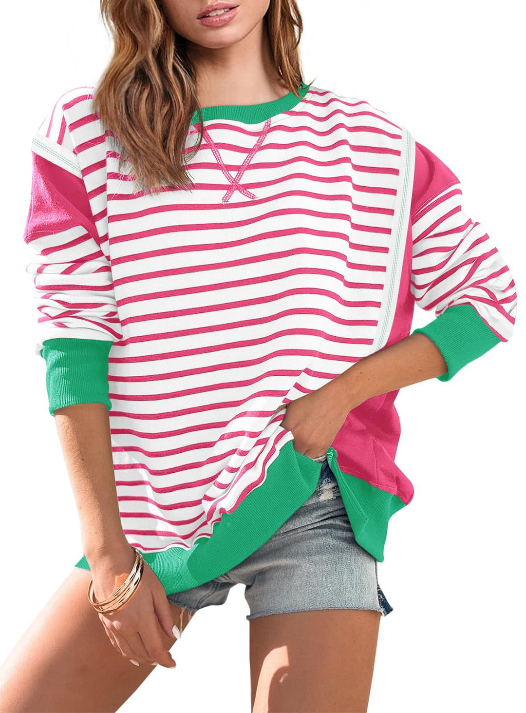 Damen gestreifter Sweatshirt mit übergroßem Schnitt Drune