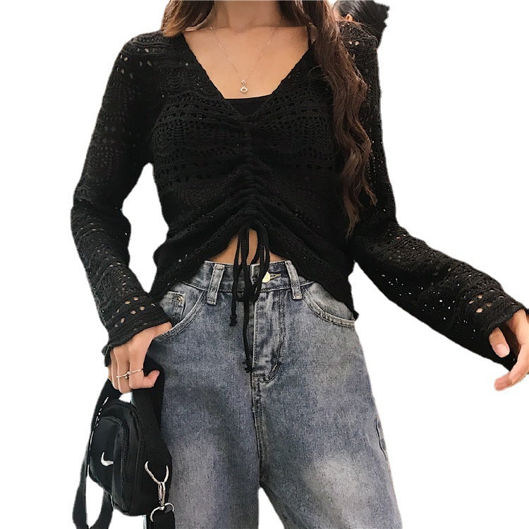 Damen Strickbluse mit dekorativem Lochmuster und verstellbarem Kordelzug Drune